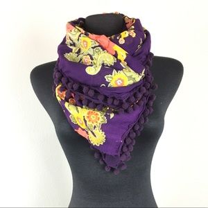 Violet Floral Pom Pom Trim Wrap Multi-way Scarf